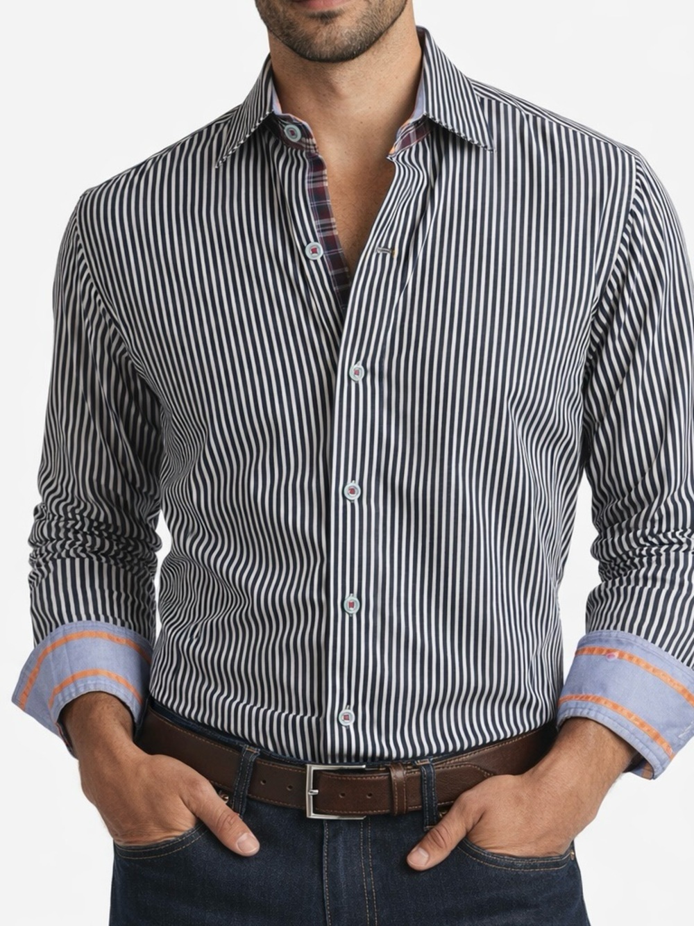 Robert Graham Button Up Front Striped Shirt Flip Cuff & Collar BlackWhite Mens M